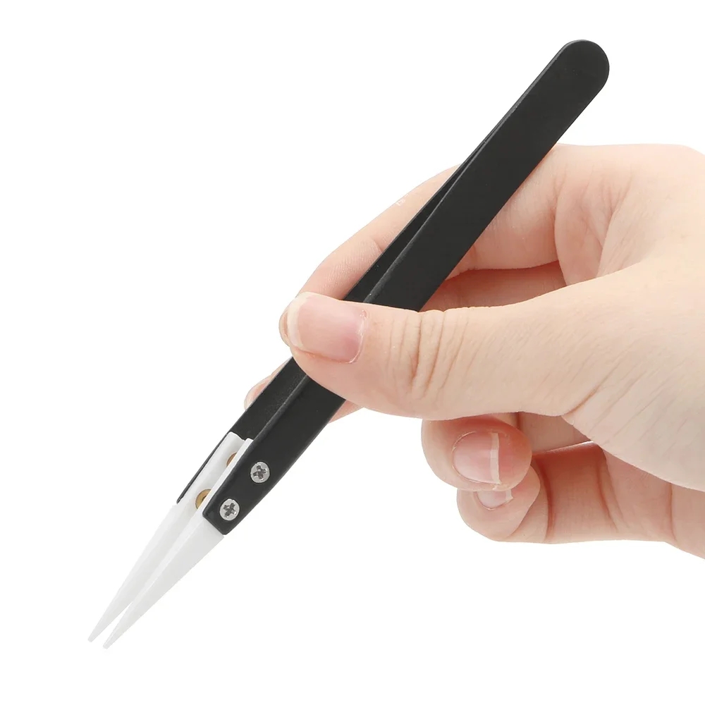 Isolation Tweezer Curved - แหนบเซรามิกป้องกันไฟฟ้าสถิตย์, แหนบเซรามิกสแตนเลสสำหรับงานอุตสาหกรรม, ปลายตรง/ปลายโค้งแยกส่วน, แหนบสีดำ