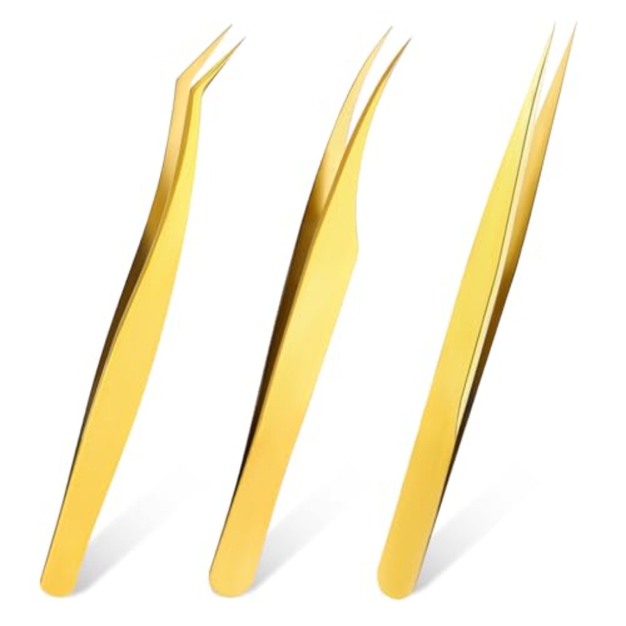 Isolation Tweezer Curved - แหนบต่อขนตา 3 ชิ้น สำหรับต่อขนตา แหนบโลหะสีทองความแม่นยำสูง ชุดแหนบปลายไฟเบอร์และแหนบโค้งสำหรับแยกขนตา
