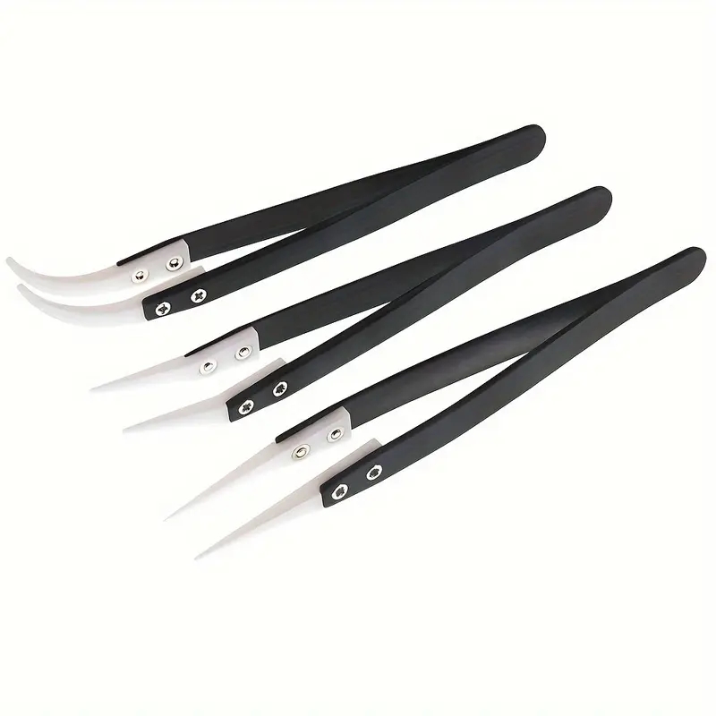 Isolation Tweezer Curved - แหนบเซรามิกป้องกันไฟฟ้าสถิต, แหนบเซรามิกสแตนเลสสำหรับงานอุตสาหกรรม, ปลายตรง/ปลายโค้งแบบแยกส่วน, แหนบสีดำ